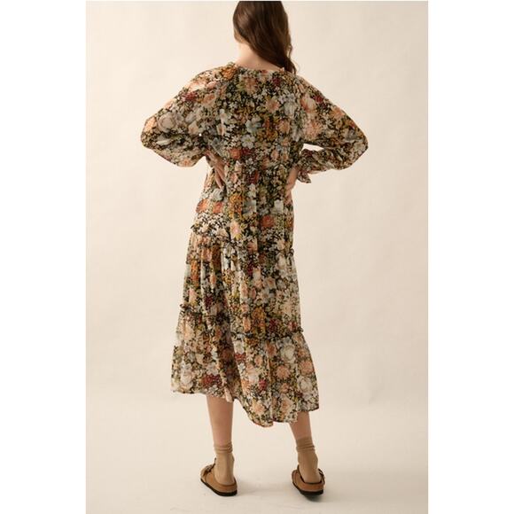 Promesa Black Size Large Floral V-Neck Chiffon Midi Dress - Picture 6 of 9